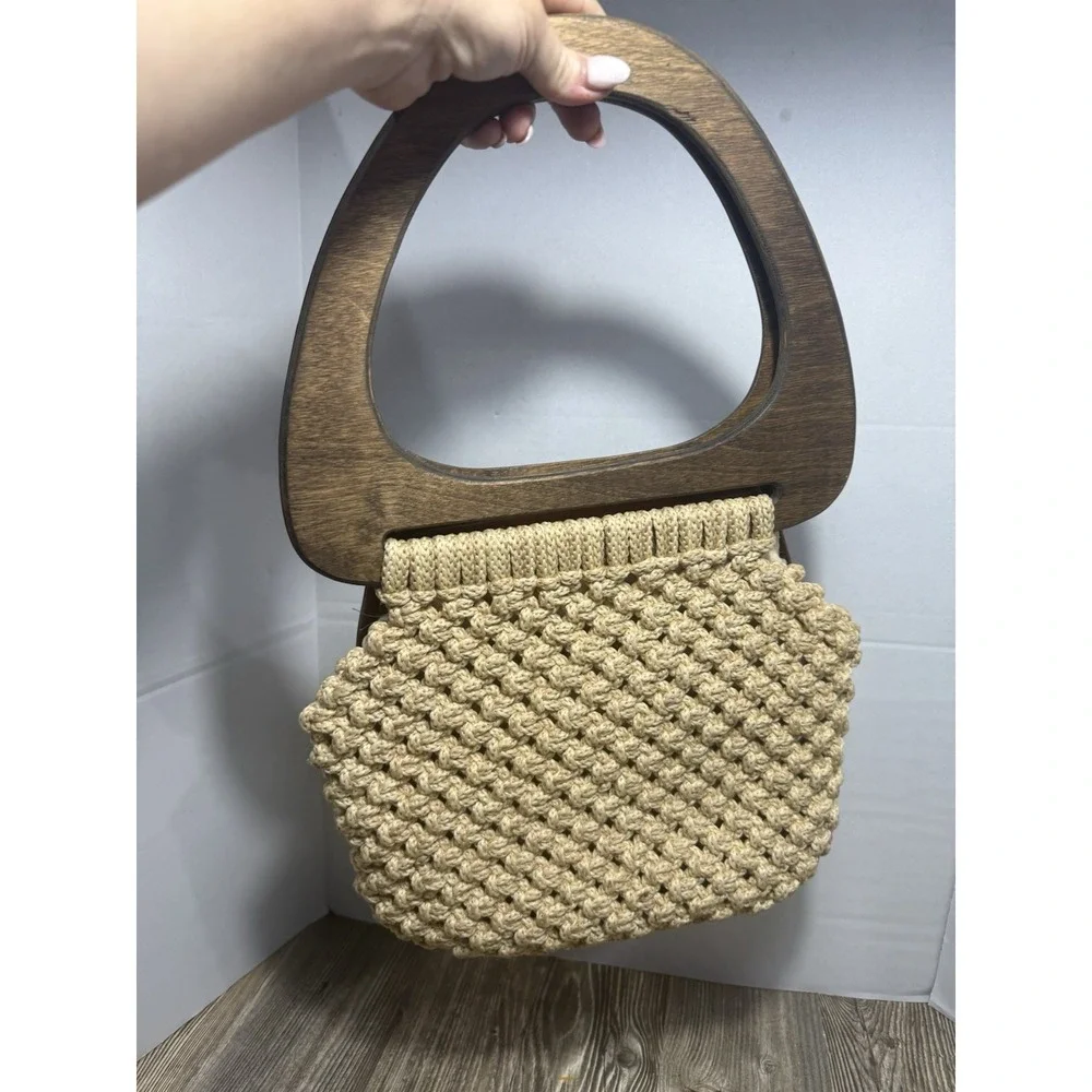 Vintage Boho Macrame Handbag Butterfly Embroidered‎ Wood Handle Brown Tan Bag